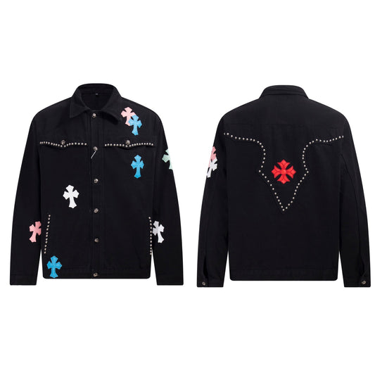 Multi Cross Studded Denim Jacket - Black Gothic Streetwear Coat H49